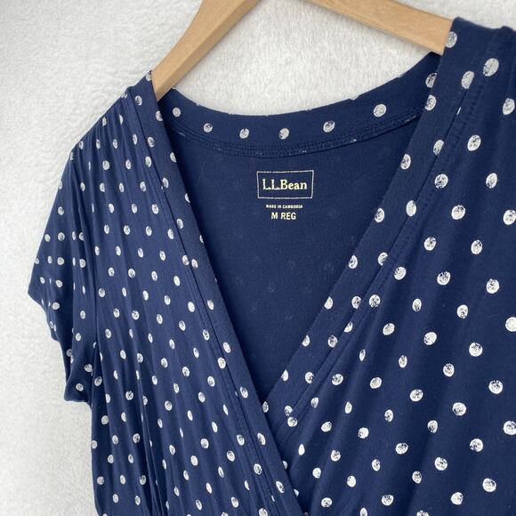 LL BEAN Dress M Stretch Rayon Jersey Polka Dot Surplice Short Sleeve Blue - Picture 2 of 13